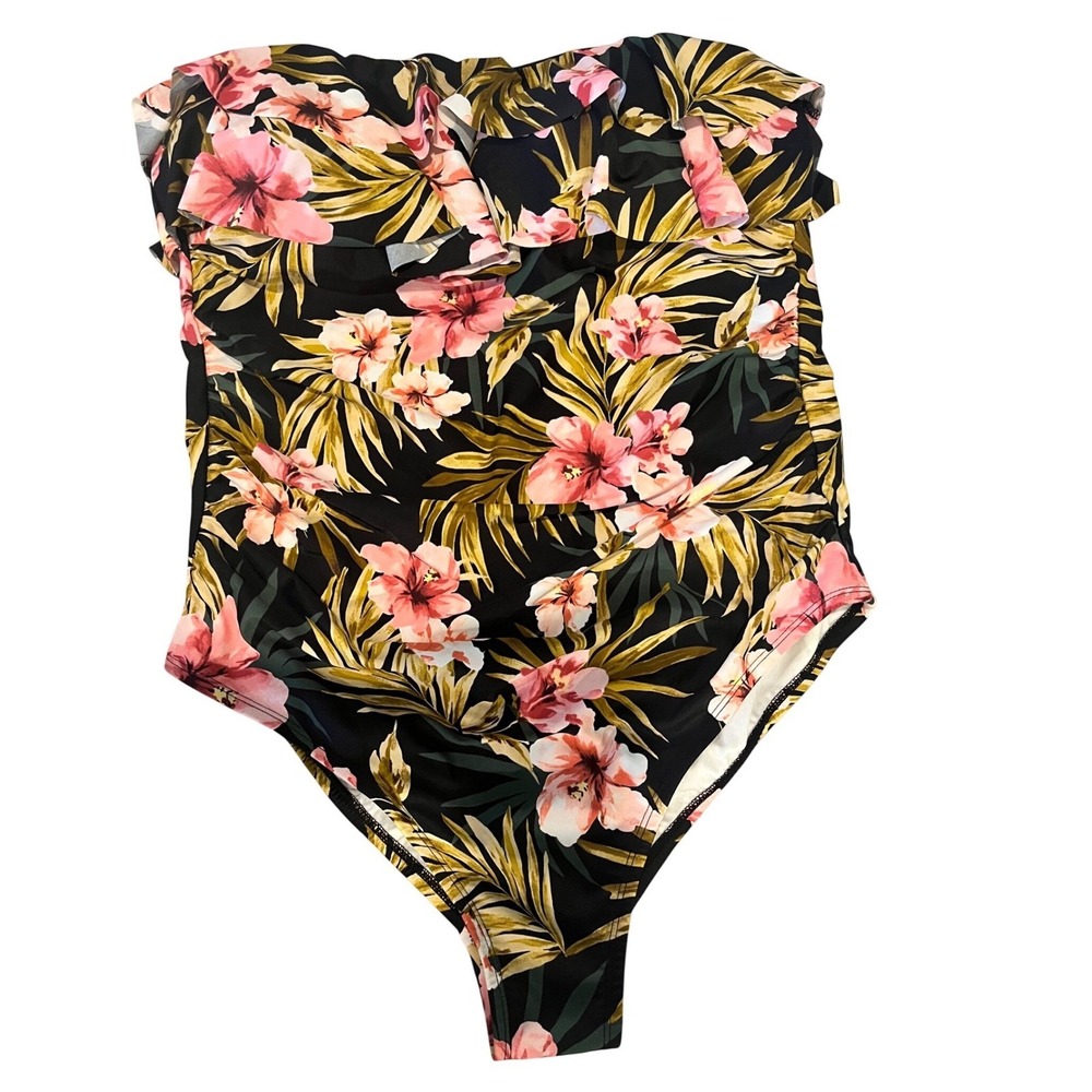 Kona Sol Womens 18W Tropical Floral Ruffle Bandeau One Piece Swimsuit Black Pink - Picture 3 of 7